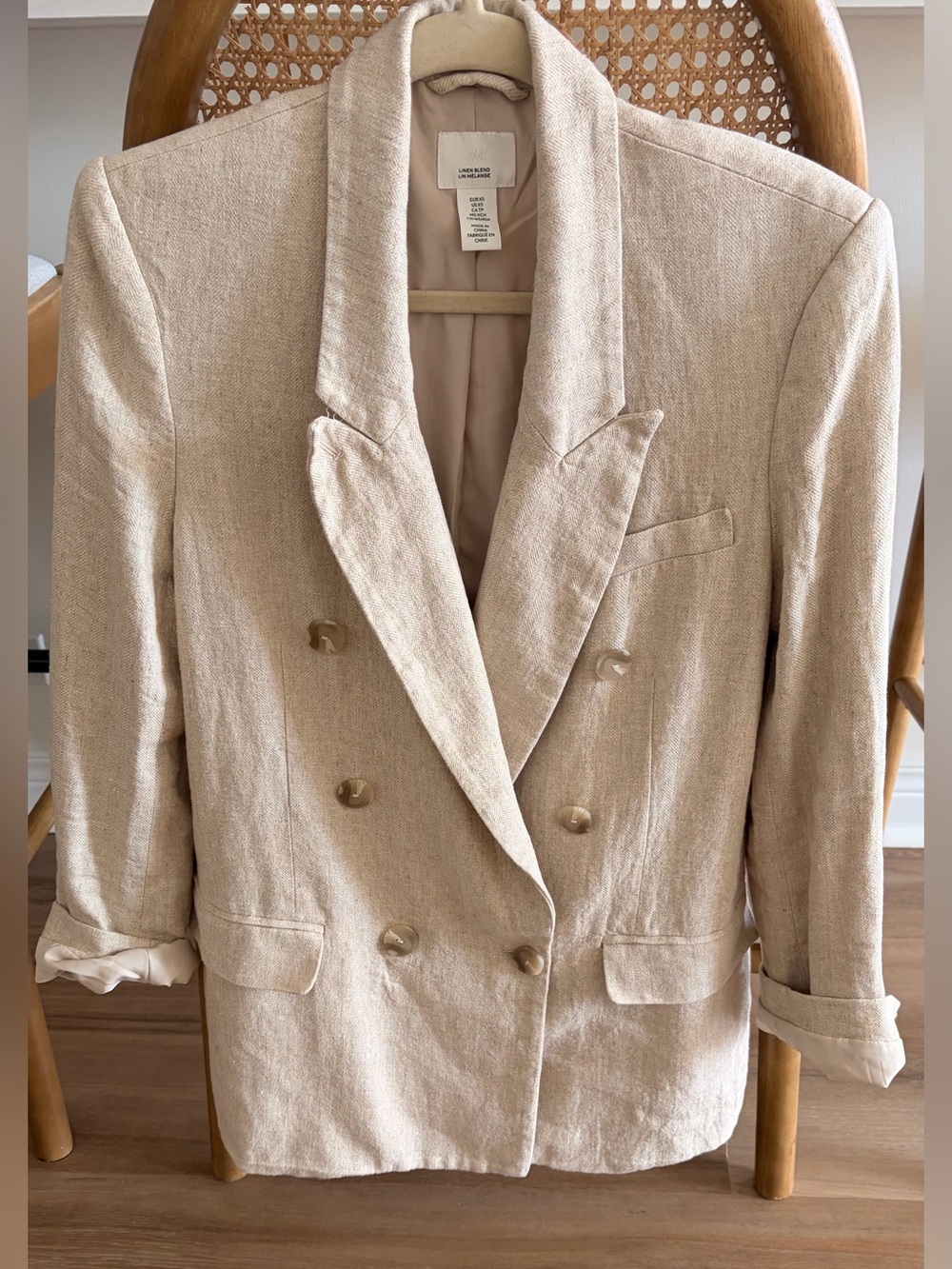 H&M Double-Breasted Beige Linen Blend Women's Blazer XS